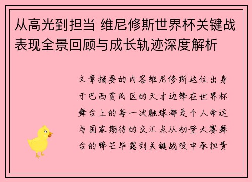 从高光到担当 维尼修斯世界杯关键战表现全景回顾与成长轨迹深度解析